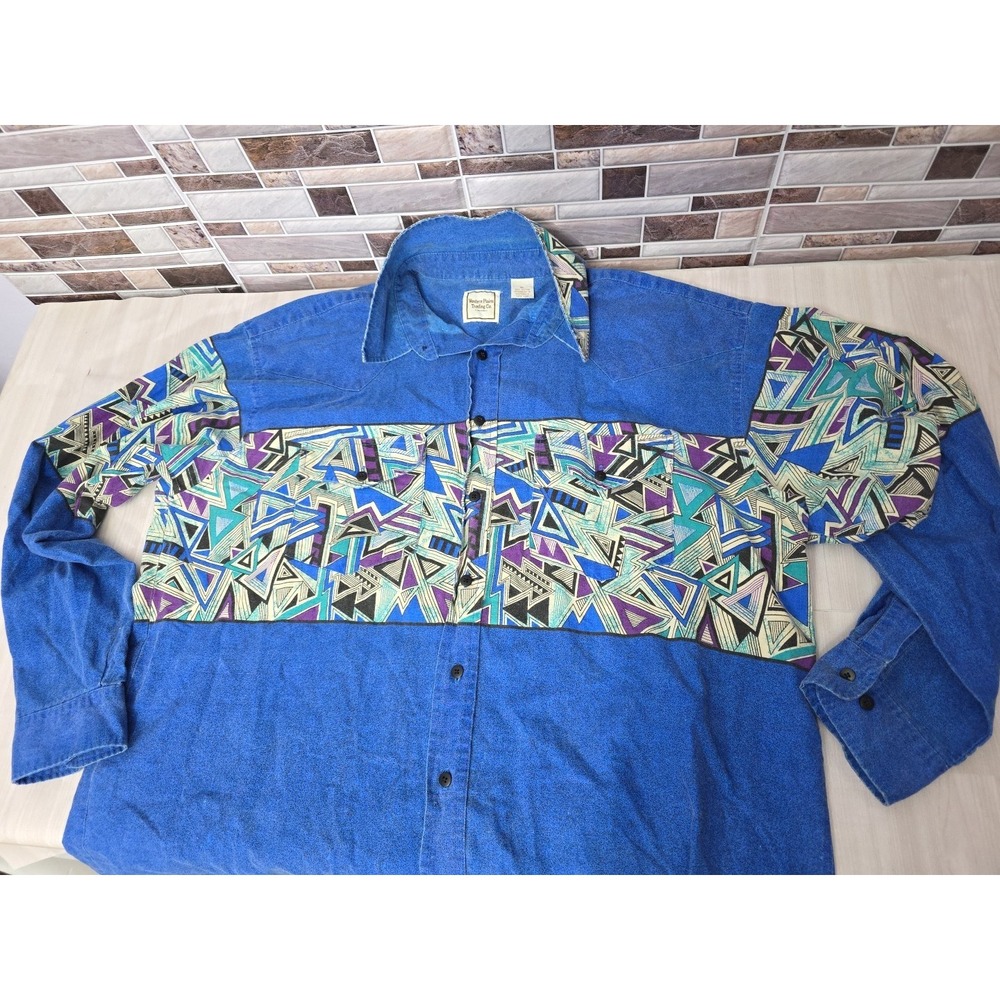 Vintage 90s Western Plains Trading Co XL Blue Long Sleeve Aztec Geometric Button